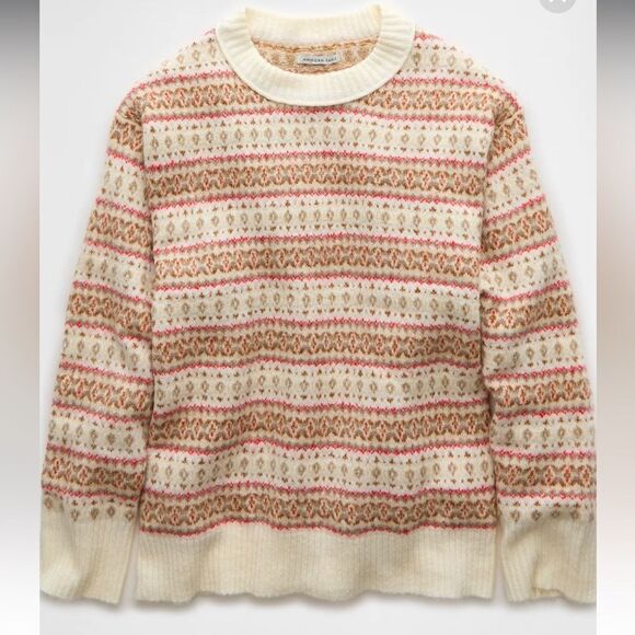 AE Whoa So Soft Fair Isle Crewneck Relaxed Knit Cream Tan Red Preppy Sweater - Picture 5 of 16